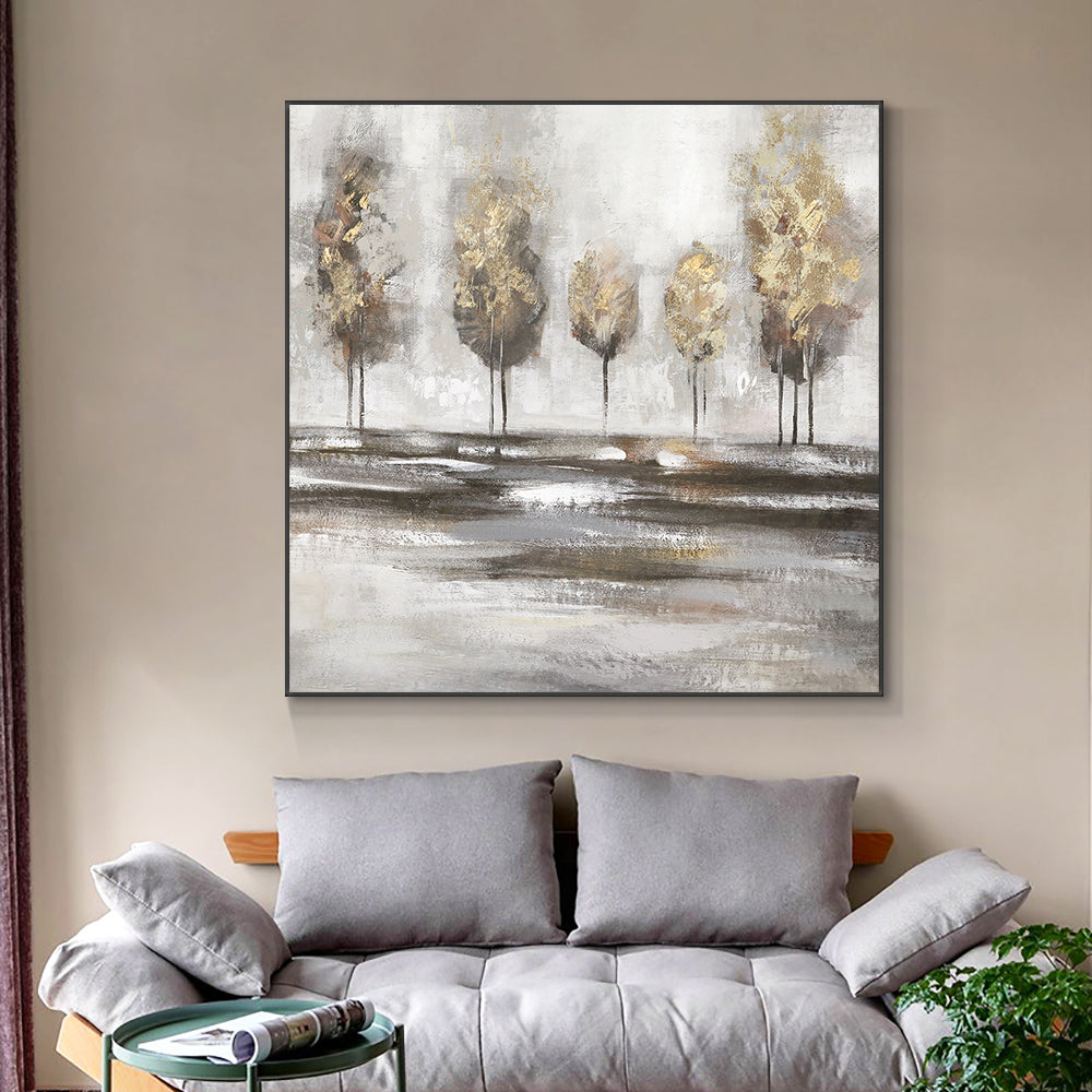 Abstract Brown Trees With Gold Foils Oil Painting  Handpainted Textured Modern Plant Wall Art Canvas,31inx31in,No Frame