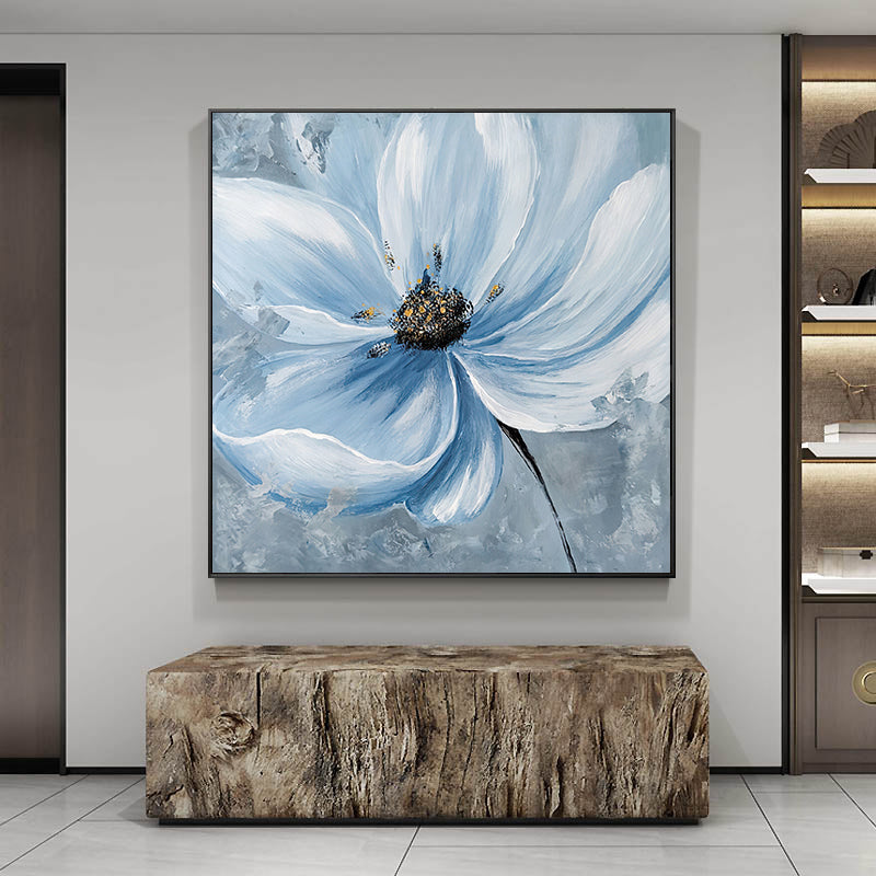 Hand painted Blue Flower Oil Painting Nordic Home Wall Decoration Art Canvas Picture Living Room Square,31inx31in,No Frame
