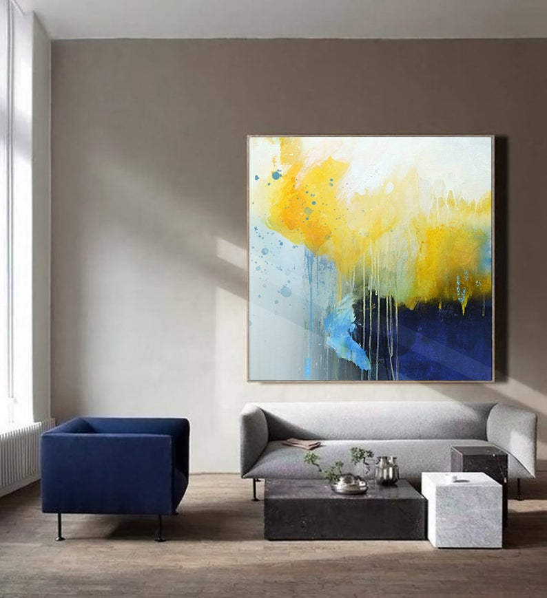 LargeYellowPaintingDeepBlueAbstractCanvasPaintingMinimalistAbstractPaintingDiningRoomCanvasAbstractOil   31in,No Frame