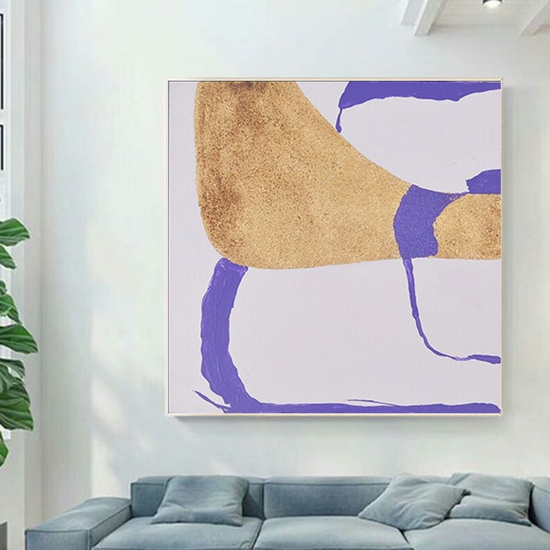 LargeAbstractPaintingOnCanvasGoldAcrylicPaintingPurpleSimpleGeometryArtContemporaryAbstractWallArt  31in,No Frame
