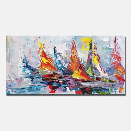 Hand Painted Oil Painting On Canvas Sailing boat Abstract Wall Art Blue Unframed/Rolled