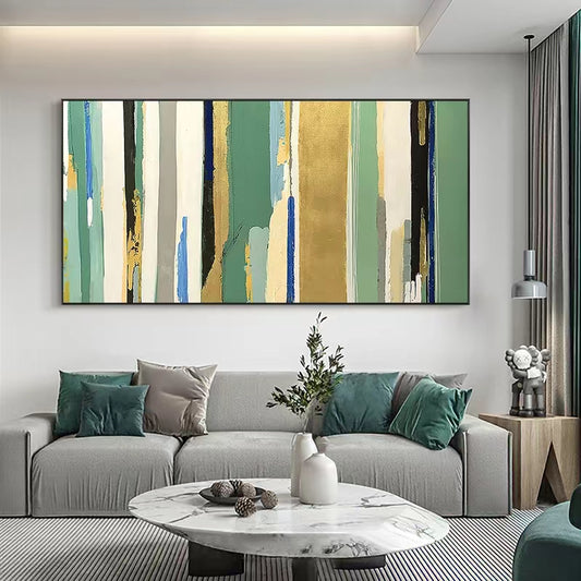Hand painted Oil Painting Living Room Hanging Painting Sofa Background Wall Decoration Painting Green Gold Foil,27inx54in,No Frame