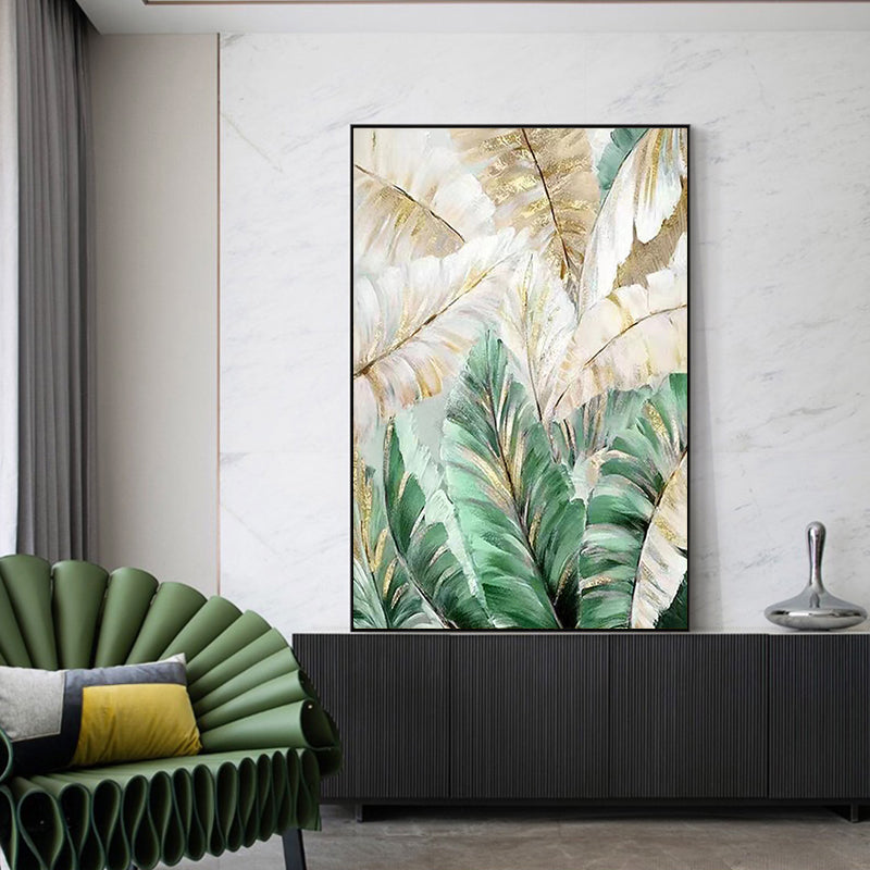 Hand painted Oil Painting American Light Luxury Decorative Painting Green Plant Hanging Painting Banana Leaf Large,31inx47in,No Frame