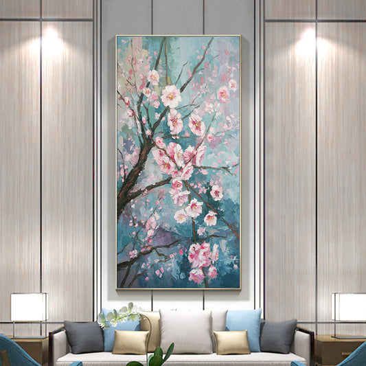 New Chinese Peach hand-painted Oil Paintings Entrance Vertical Version Tearoom Study Single Living Room Restaurant Decorative Pa27inx54in,No Frame