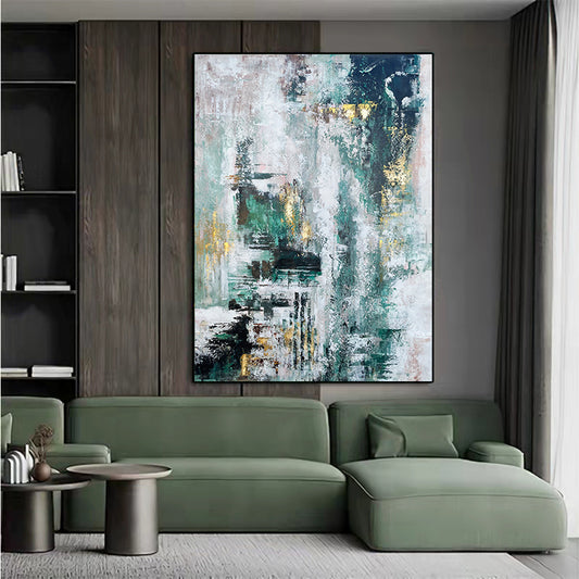 Pure Hand painted Oil Painting Dark Green Gold Foil Modern Minimalist Decorative Painting Living Room Bedroom,31inx47in,No Frame