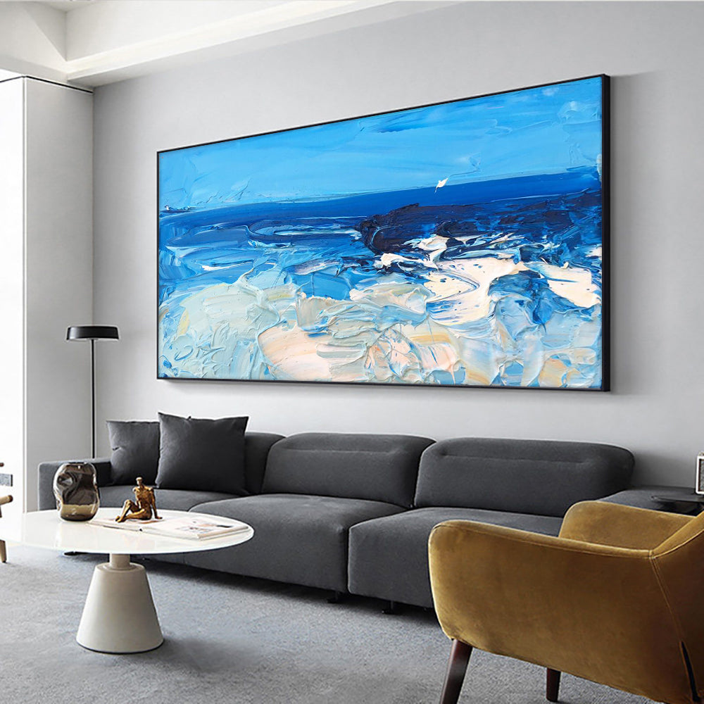 Abstract Thick Textured Blue Sea Painting  Hand Painted Oil Painting On Canvas Modern Wall Art,27inx54in,No Frame