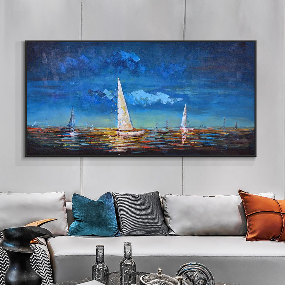 Thick Texture Wall Art Paintings Sailboat Handmade Oil Painting On Canvas Landscape Painting Office Home Decoration,27inx54in,No Frame