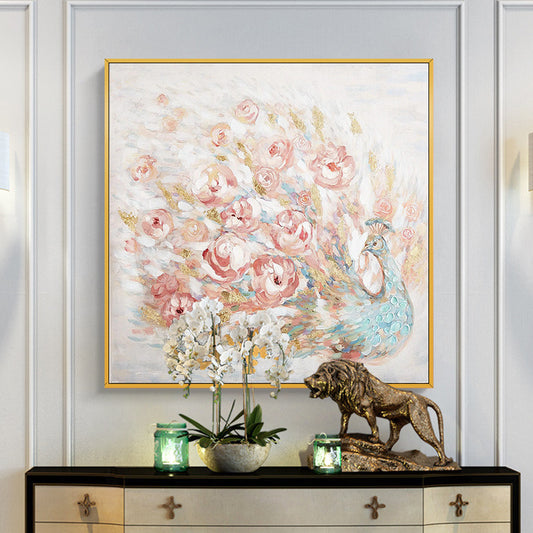 Hand Painted Oil Painting Large Flowers Peacock Open Screen Home Square Hanging Painting Modern Wall Art