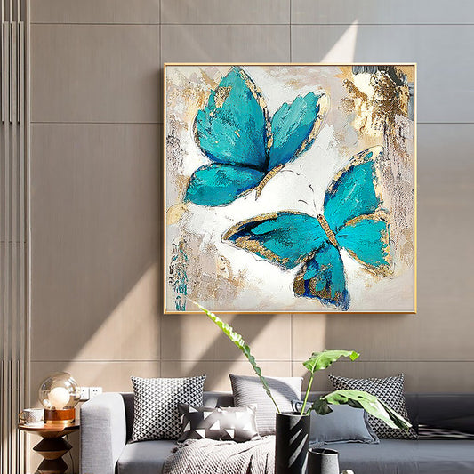 Abstract Blue Butterflies With Gold Foil Painting  Hand Painted On Canvas Handmade Oil Painting Wall,31inx31in,No Frame