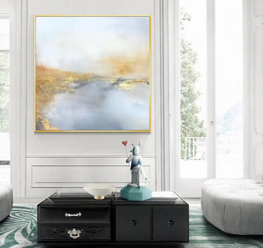 AbstractPaintingBlueAndGoldWallArtPaintingModernPaintingGoldLeafPaintingWallArtDecor 31in,No Frame