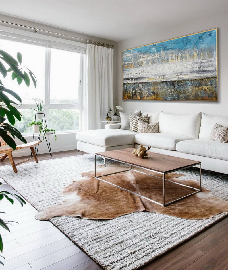 Textured Abstract Canvas Painting Extra Large Wall Art Contemporary Texture Oversize Modern Acrylic Artwork Panoramic Horizontal27inx54in,No Frame