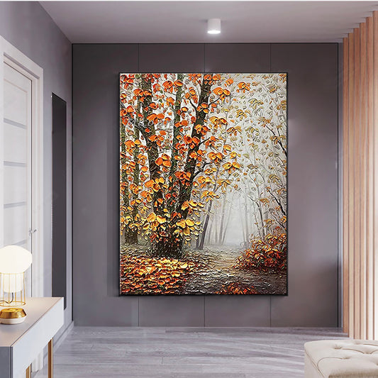 Handpainted Thick Oil Painting Birch Tree Forest On Canvas Modern Home Decoration Canvas Oil Painting Handmade,31inx47in,No Frame