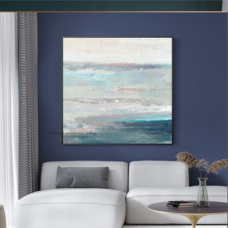 Modern Abstract Blue Ocean Canvas Art Painting Living Room Bedroom Hand painted Home Decoration Large Wall,31inx31in,No Frame