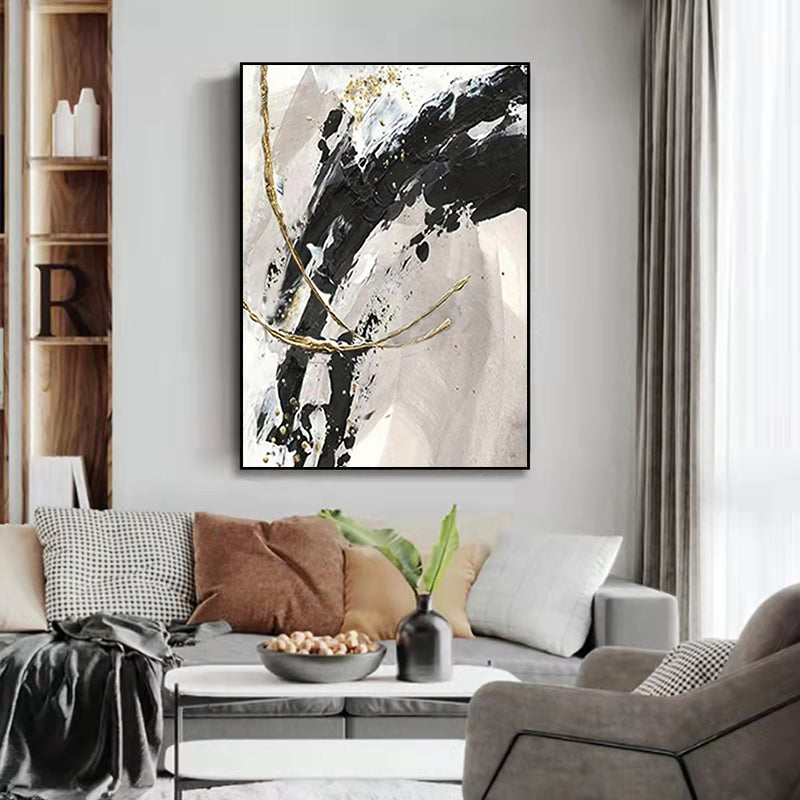Hand painted Oil Painting Black and White Gray Abstract Gold Foil Large Living Room Sofa Background ,31inx47in,No Frame
