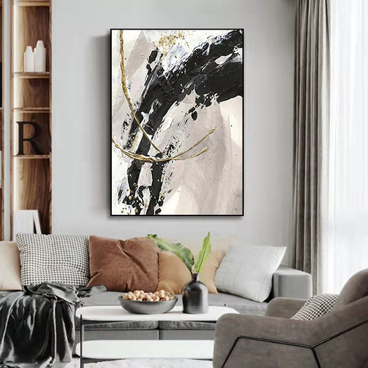 Hand painted Oil Painting Black and White Gray Abstract Gold Foil Large Living Room Sofa Background ,31inx47in,No Frame
