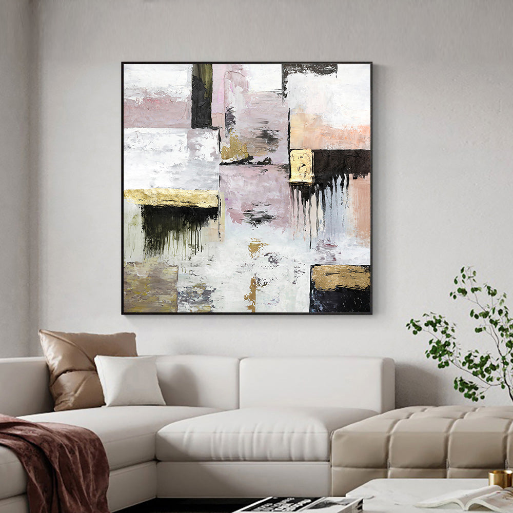 Abstract Textured White Pink Black Gold Foils Oil Painting  Handpainted On Canvas Modern Wall Art For Living Room E ,31inx31in,No Frame