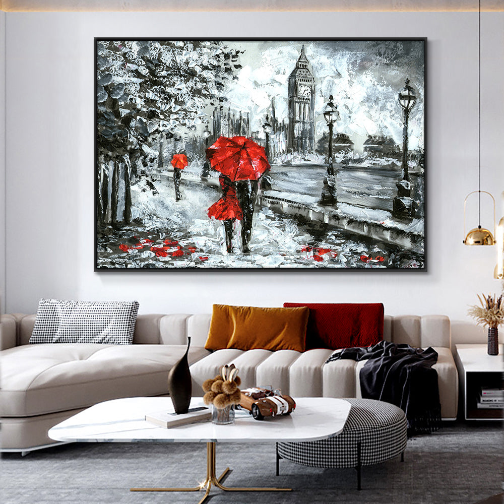Hand Painted Oil Painting On Canvas Abstract People In the Rain With Red Umbrella Wedding  Living Room,31inx47in,No Frame