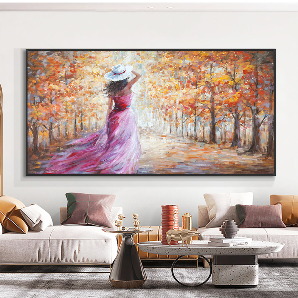 Abstract Girl Walking In The Grove Painting  Hand Painted Oil Painting On Canvas Handmade Wall,27inx54in,No Frame