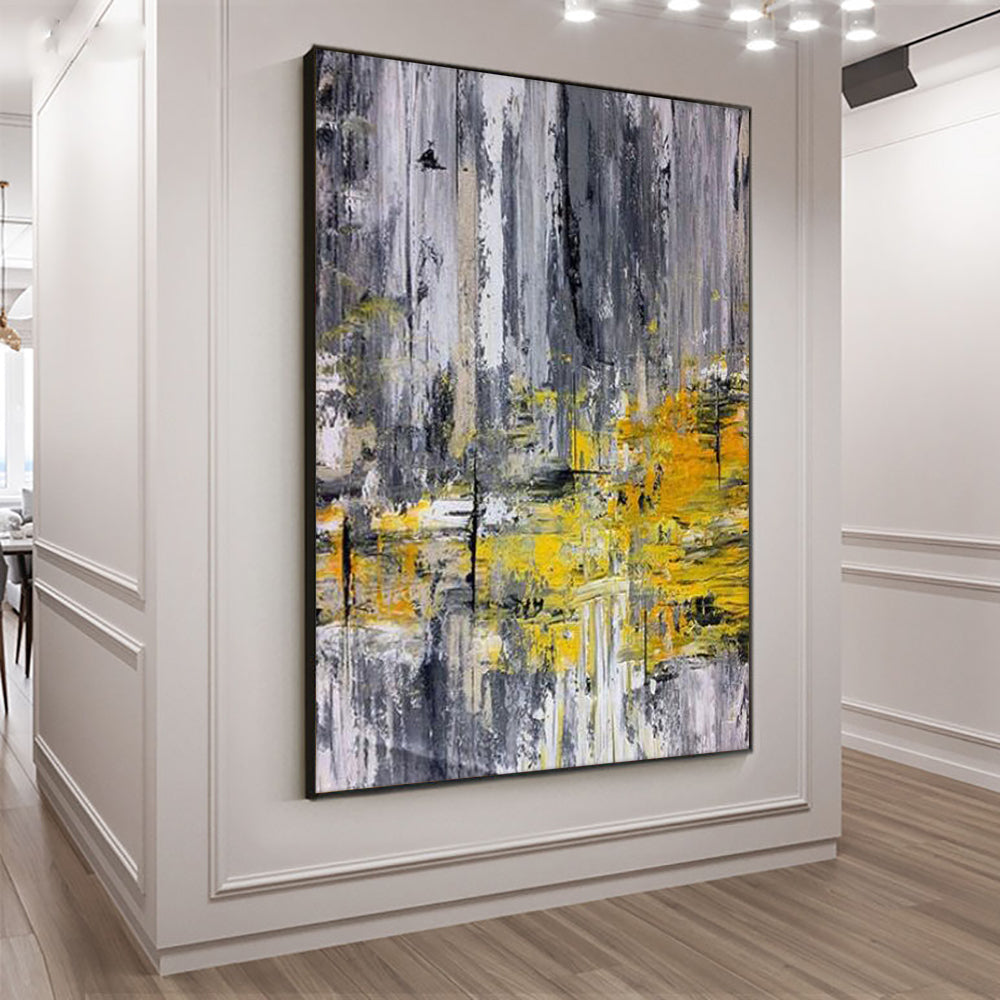 Abstract Gray With Yellow Painting  Hand Painted Oil Painting On Canvas Modern Handmade Wall  For Living Room,31inx47in,No Frame