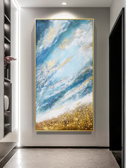Hand painted Thick Oil Paintings Gold Art On Canvas Unframed Wall Decor For Christmas Gift,27inx54in,No Frame