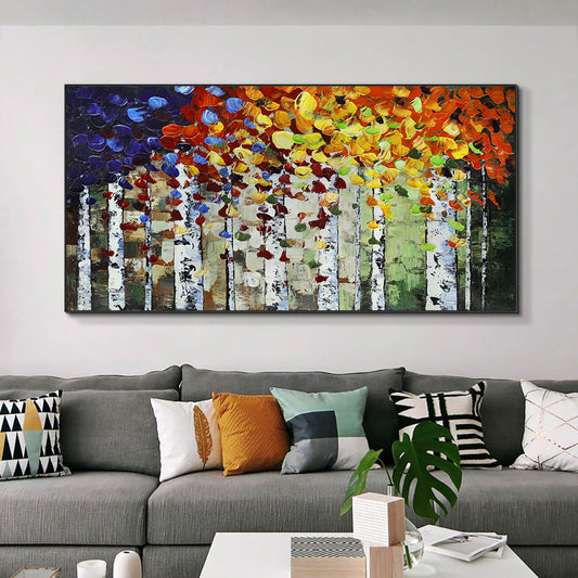 Abstract Thick Textured Blue Red Yellow Leaves Trees Oil Painting  Hand Painted On Canvas Modern,27inx54in,No Frame