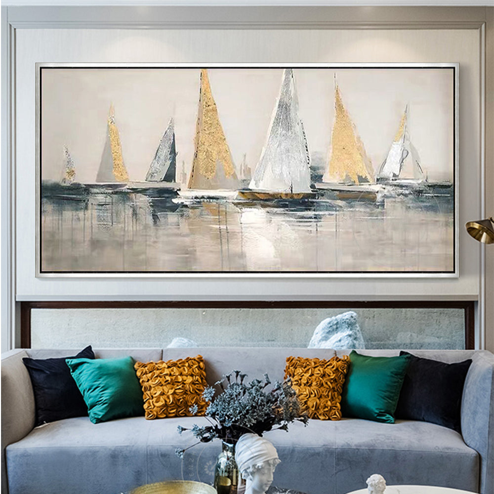 Large Wall Art Handmade Abstract Sailboats Oil Painting On Canvas Hand Painted Home Wall Decoration Paintin,27inx54in,No Frame  g