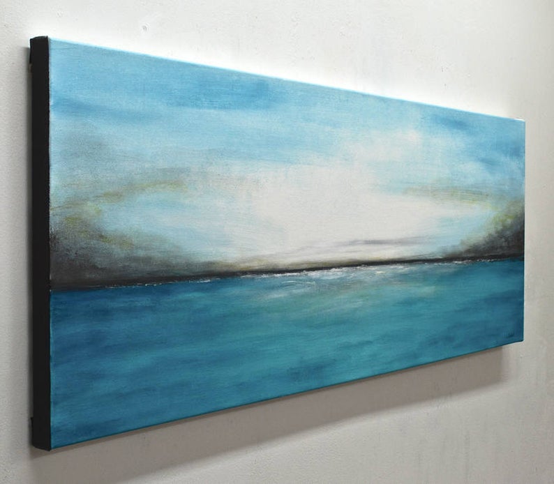 Large Abstract Landscape Painting Sea Painting Panoramic Art Blue White Modern Abstract Painting Oil Hand Painted Artwork27inx54in,No Frame
