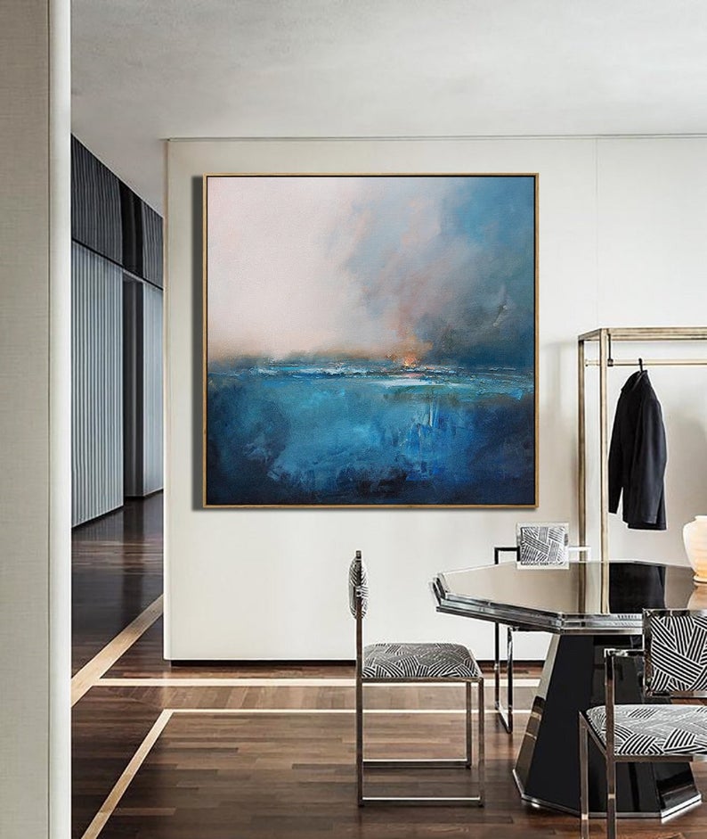 Large Sea Level Blue Oil Painting Wall Art Blue Abstract Painting Sky Landscape Oil Painting Large Ocean Canvas Oil Painting 31in,No Frame