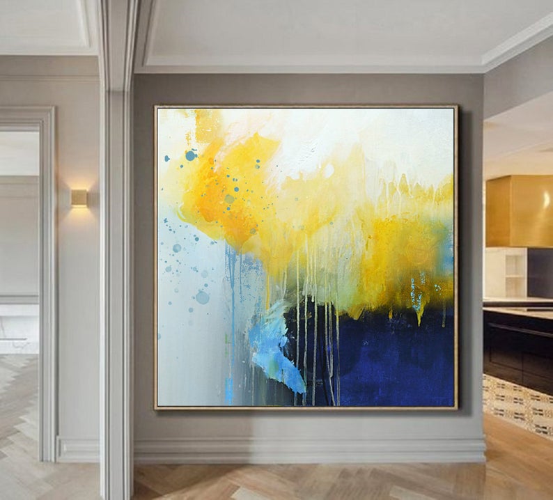 LargeYellowPaintingDeepBlueAbstractCanvasPaintingMinimalistAbstractPaintingDiningRoomCanvasAbstractOil   31in,No Frame