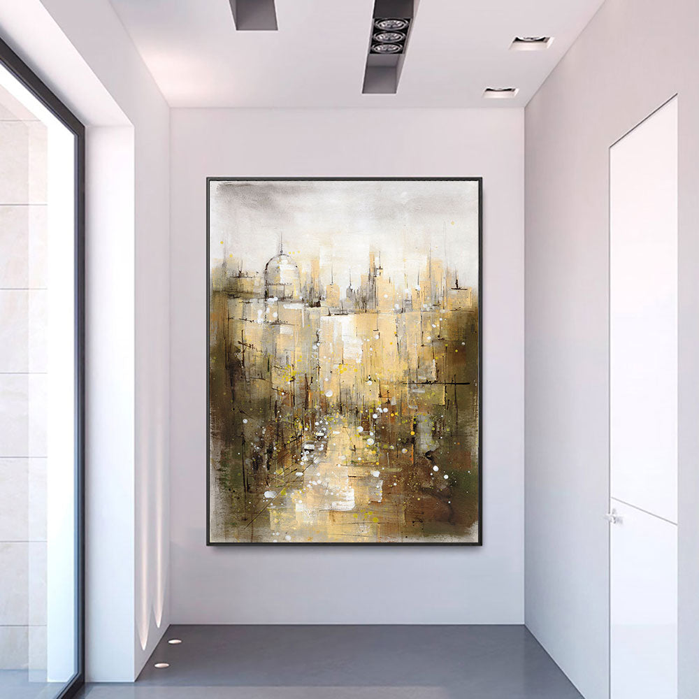 Abstract City Building Painting Picture  Handpainted Oil Painting On Canvas Handmade Wedding Decoration For Living Room,31inx47in,No Frame