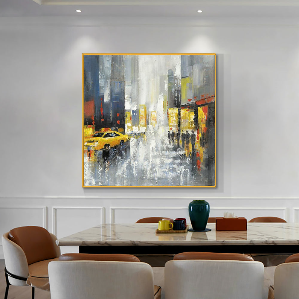 Abstract Yellow Building Car People Wall Art Painting  Hand Painted Oil Painting On Canvas Poster,31inx31in,No Frame