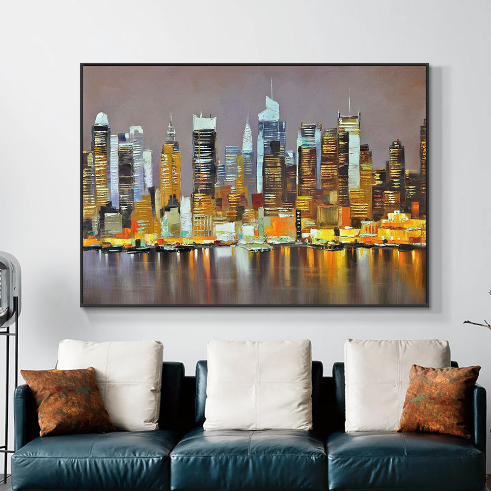 #1150Abstract Nightscape Of The Large City Building Painting On Canvas  Hand Painted Oil Painting Wall  For Living Room,31inx47in,No Frame