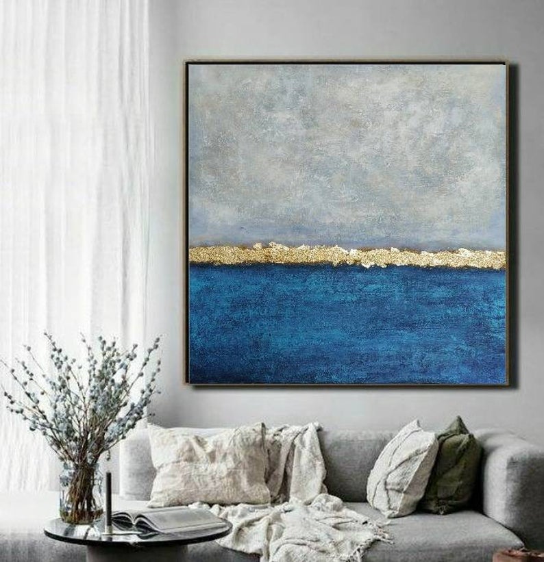 LargeOceanPaintingBlueAndGrayPaintingAbstractLandscapePaintingSeaPaintingOnCanvasGoldLeaf  31in,No Frame