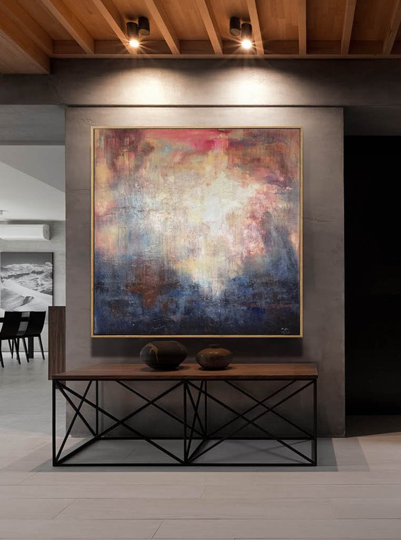 LargeWallArtColorfulAbstractPaintingNavyBluePaintingBeigePaintingWhiteWallArtArtworkPainting  31in,No Frame