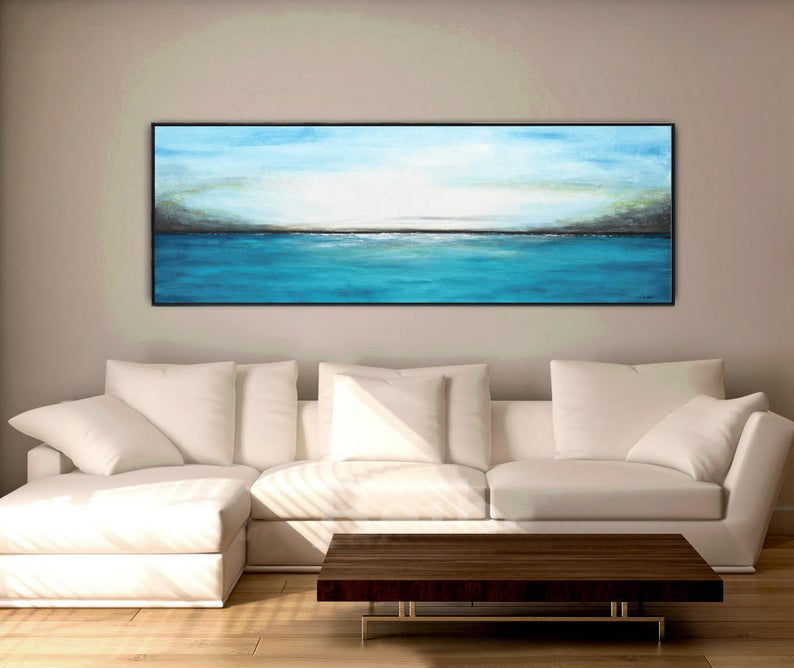 Large Abstract Landscape Painting Sea Painting Panoramic Art Blue White Modern Abstract Painting Oil Hand Painted Artwork27inx54in,No Frame