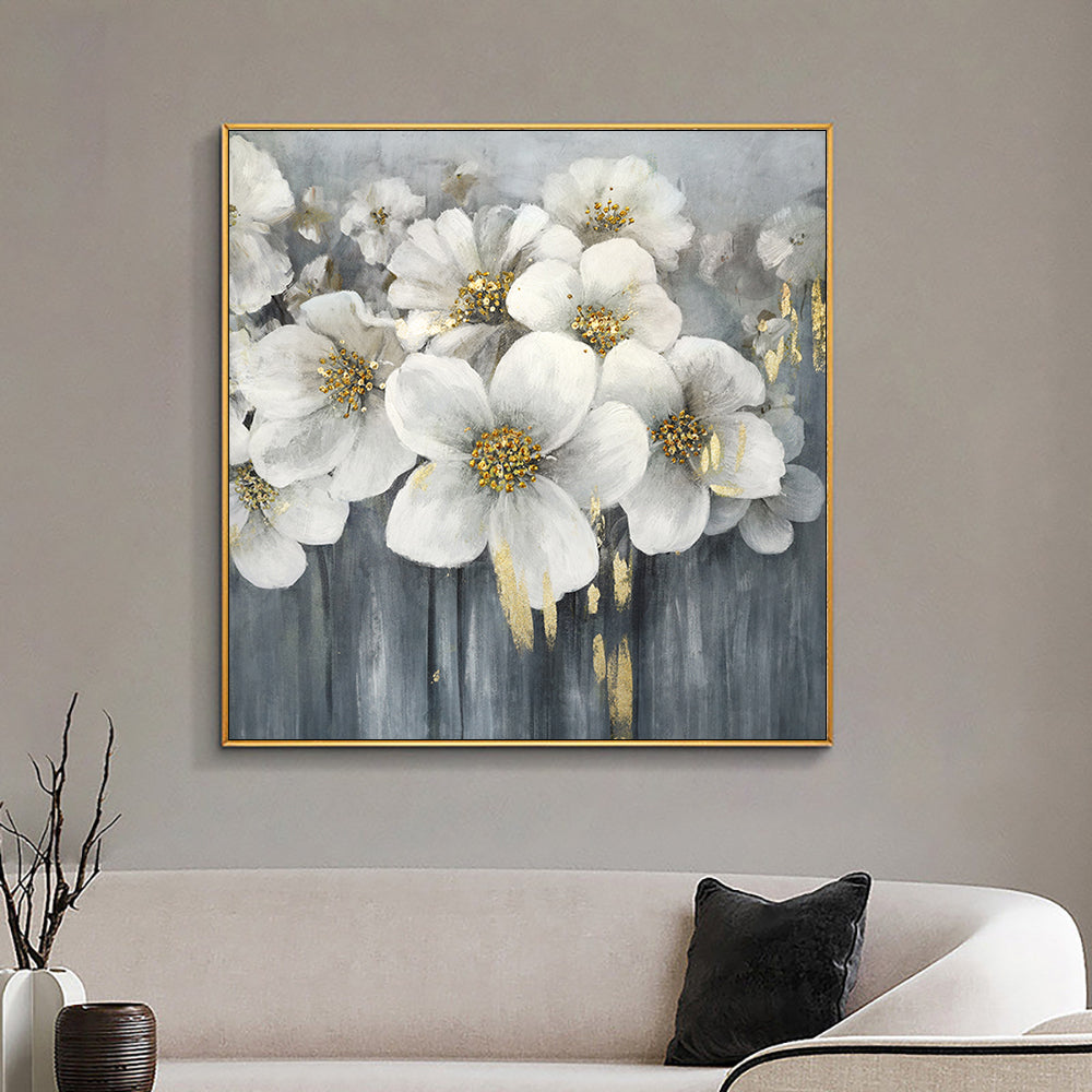 Hand painted Abstract Gold Flower Oil Painting Wall Art Handmade Nordic Simplicity Oil Painting Canvas Art,31inx31in,No Frame