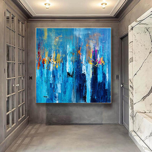 LargeWall-ArtModernArtBlueYellowArtHandPaintedAbstractPaintingTextureArtPaletteKnife  31in,No Frame