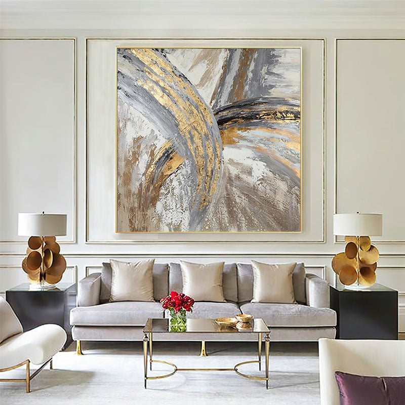 Modern abstract gold foil line golden canvas art painting living room bedroom hand painting home decoration,31inx31in,No Frame