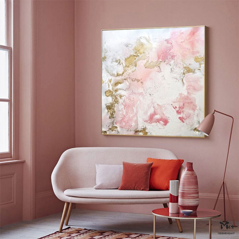 Pink Texture Abstract Acrylic Painting Modern Art Textured Gold Painting Extra Large Wall Art Bedroom Canvas Contemporary Art31in,No Frame