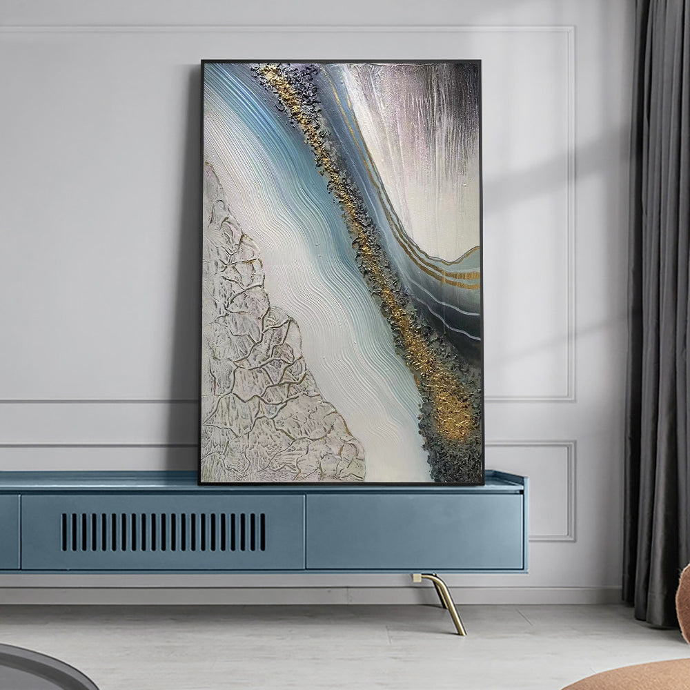 Hand painted Abstract Landscape Grey Oil Painting Wall Art Original Handmade Canvas Gold Foil Oil Painting