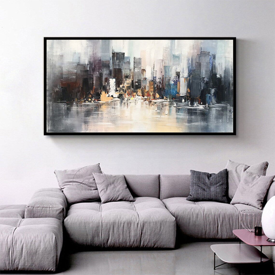 Hand Painted Original Cityscape Oil Painting Canvas Large Knife Painted Abstract Seascape Architecture Wall Art,27inx54in,No Frame