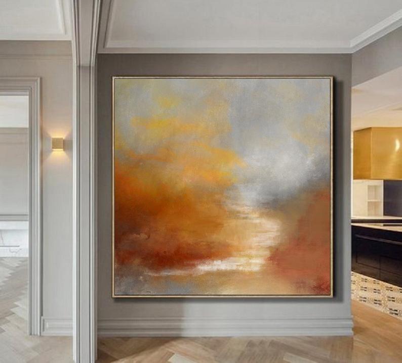 Sky Abstract Painting On Canvas Orange Painting Brown Abstract Painting Sunrise Landscape Painting Wall Art Office 31in,No Frame