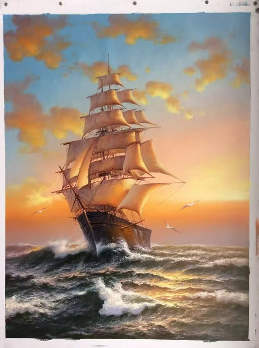 Hand painted oil Painting on Canvas Vintage Clipper Ship Cutting Through Waves at Golden Sunrise