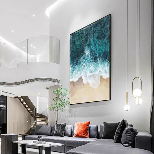 Nordic Living Room Decorative Painting Blue Ocean Waves Hand painted Oil Painting Sofa Bedroom Background Wall,31inx47in,No Frame