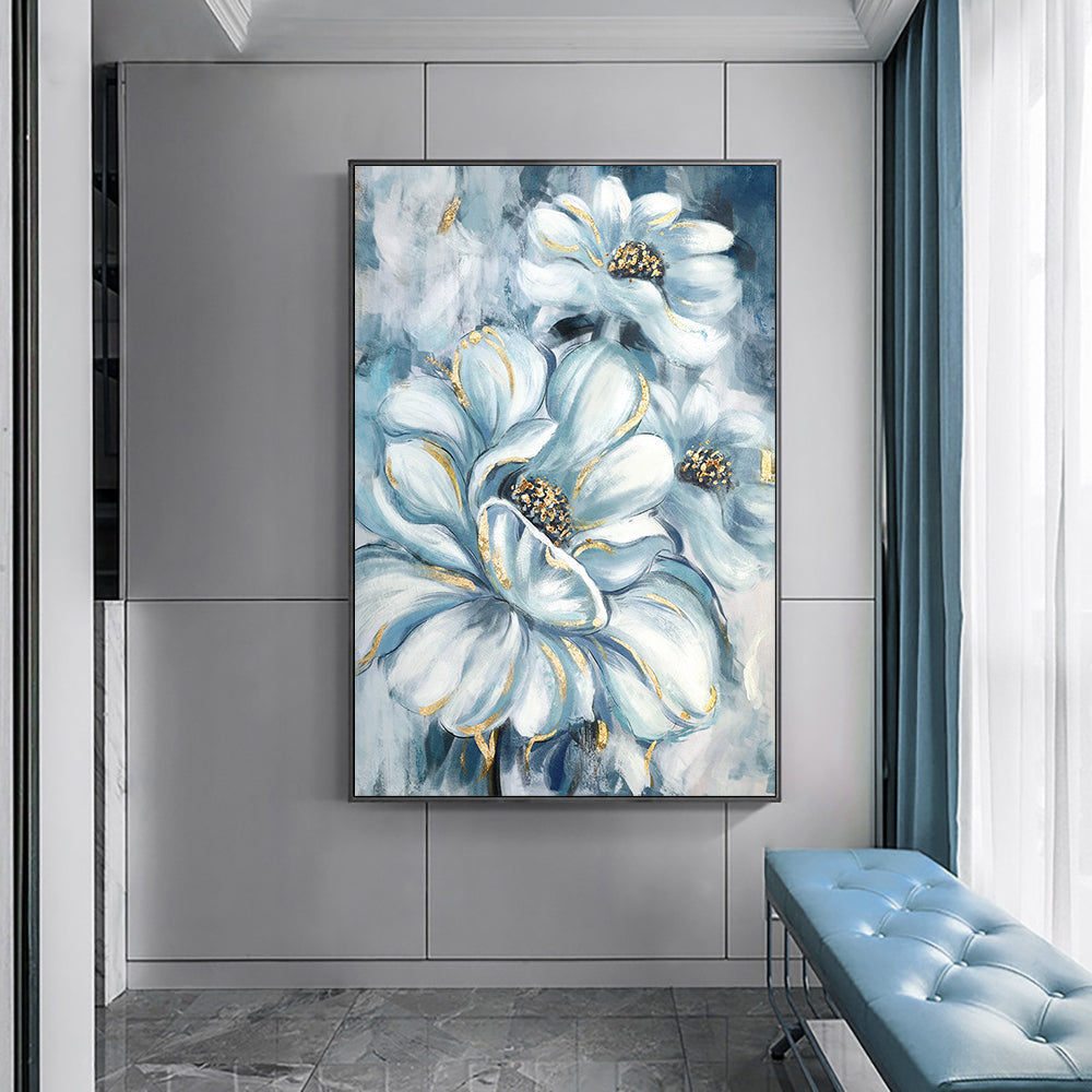 Morden Abstract White Luxury Flower Oil Painting Canvas Wall Art Hand Paint Original Golden Oil Painting Wall Art For Home Living Room,31inx47in,No Frame