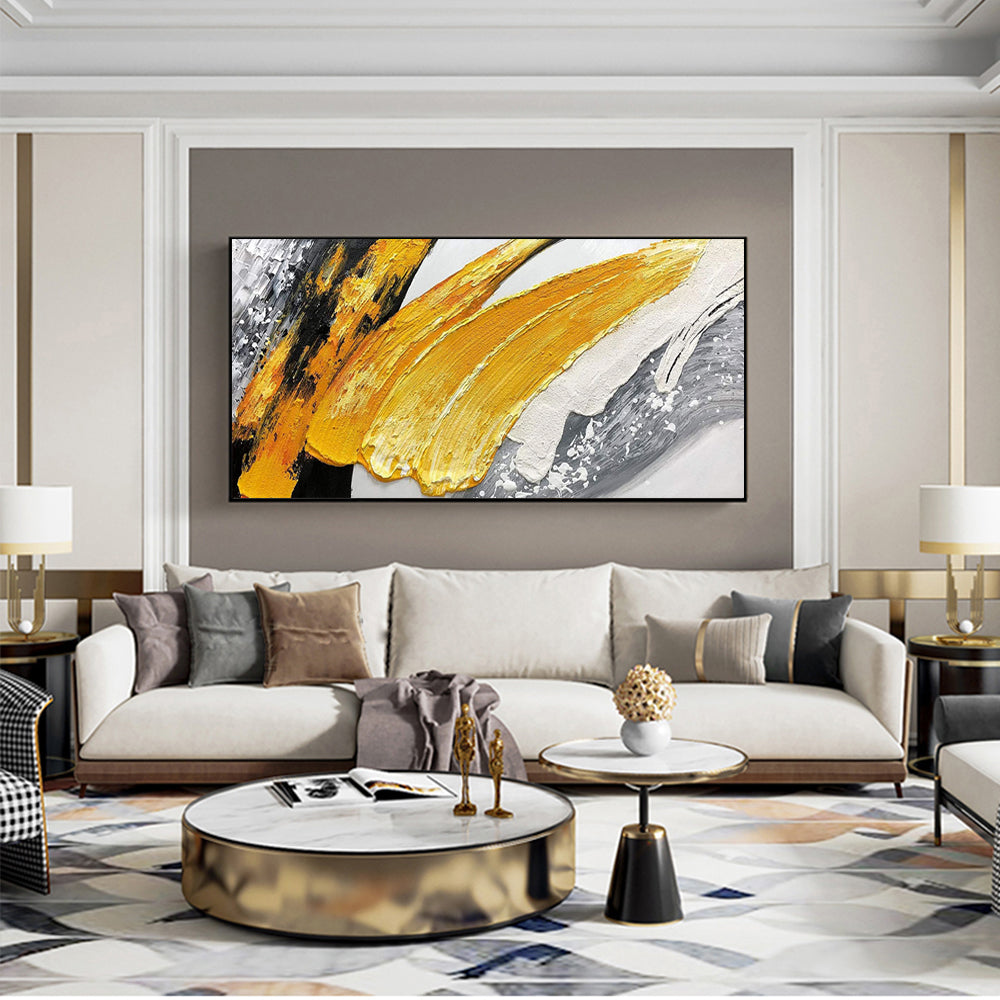 3D Abstract Oil Painting HandmadeThick Oil On Canvas Golden Oil Painting Modern Wall Art Picture,27inx54in,No Frame
