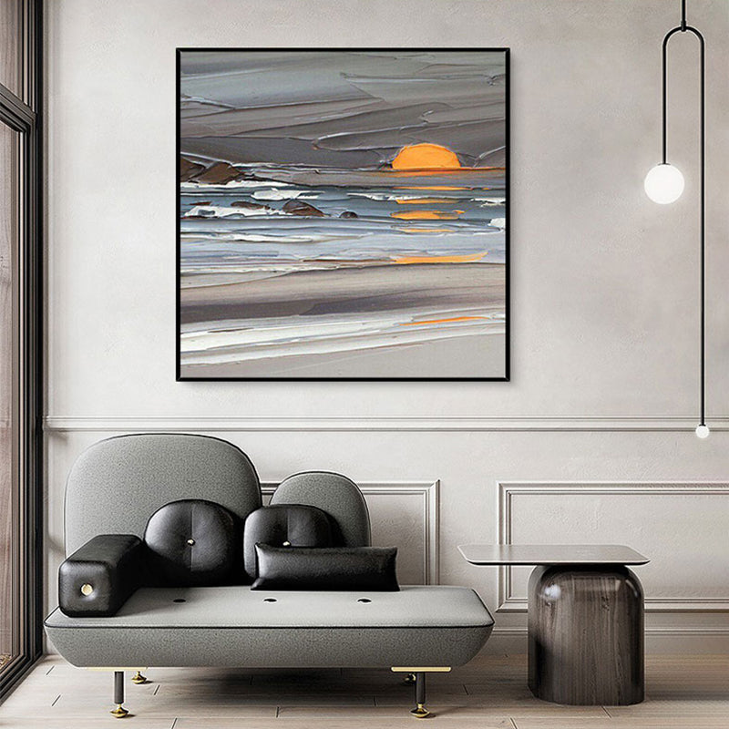 3D Hand Painted Abstract Oil Painting Landscape Painting On Canvas Handmade Sunrise For Modern Home Decorative,31inx31in,No Frame