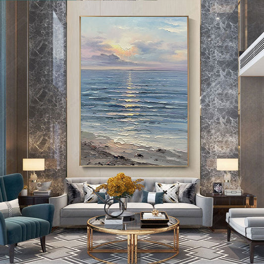 Handmade Canvas Oil Painting Decoration Sea Dawn Modern Art Mural Living Room Bedroom Office Hotel Hanging For Living Room,31inx47in,No Frame