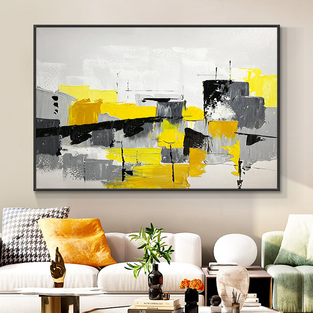Abstract Geometric Painting  Hand Painted Oil Painting On Canvas Modern Yellow Gray Blue Wall Art,31inx47in,No Frame