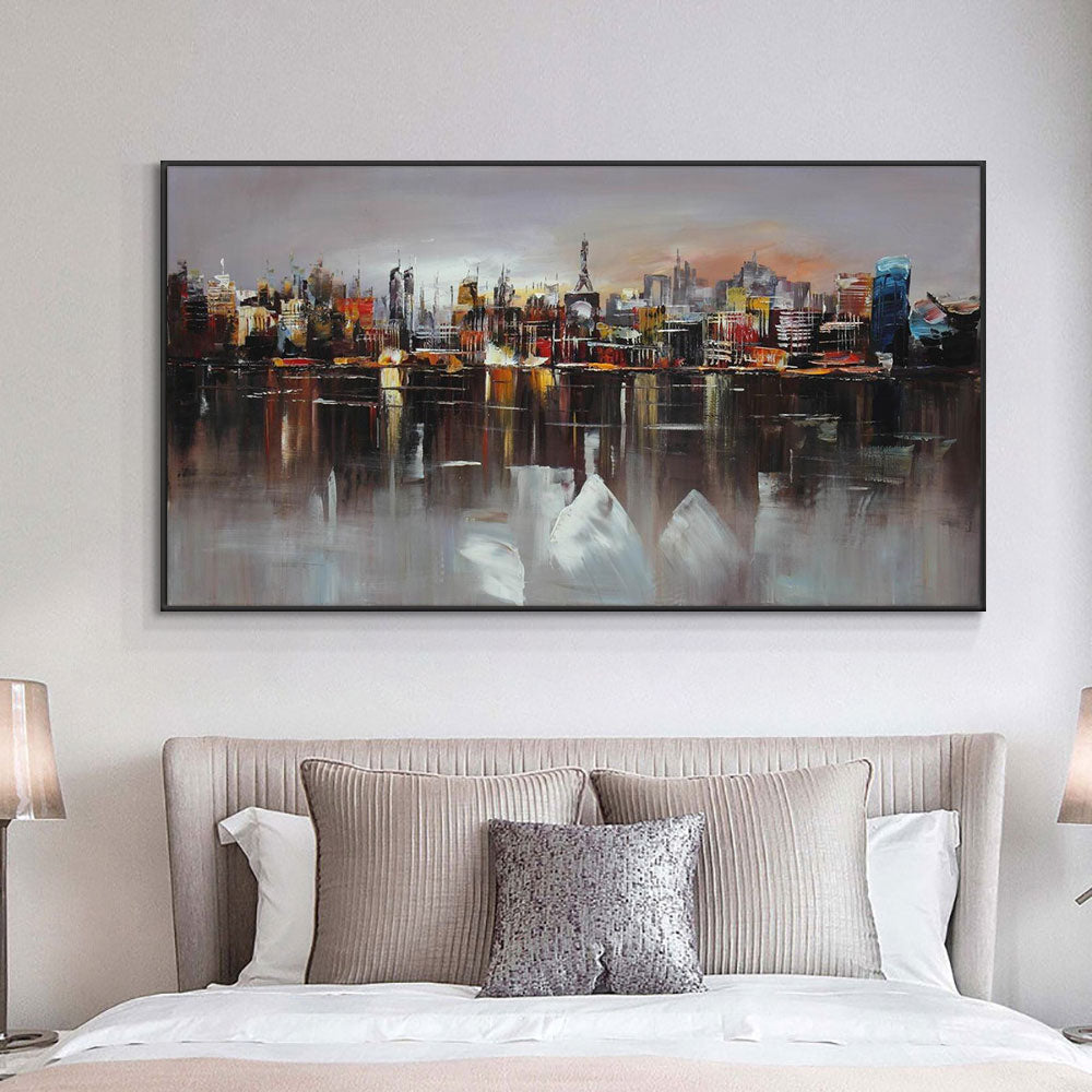Abstract Large City Building At Night  Hand Painted Oil Painting On Canvas Decorative Landscape Wall,27inx54in,No Frame